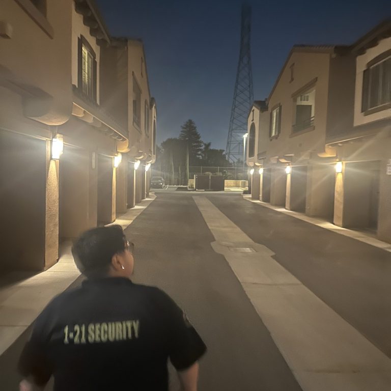 Security officer patrolling an apartment community in Kern County